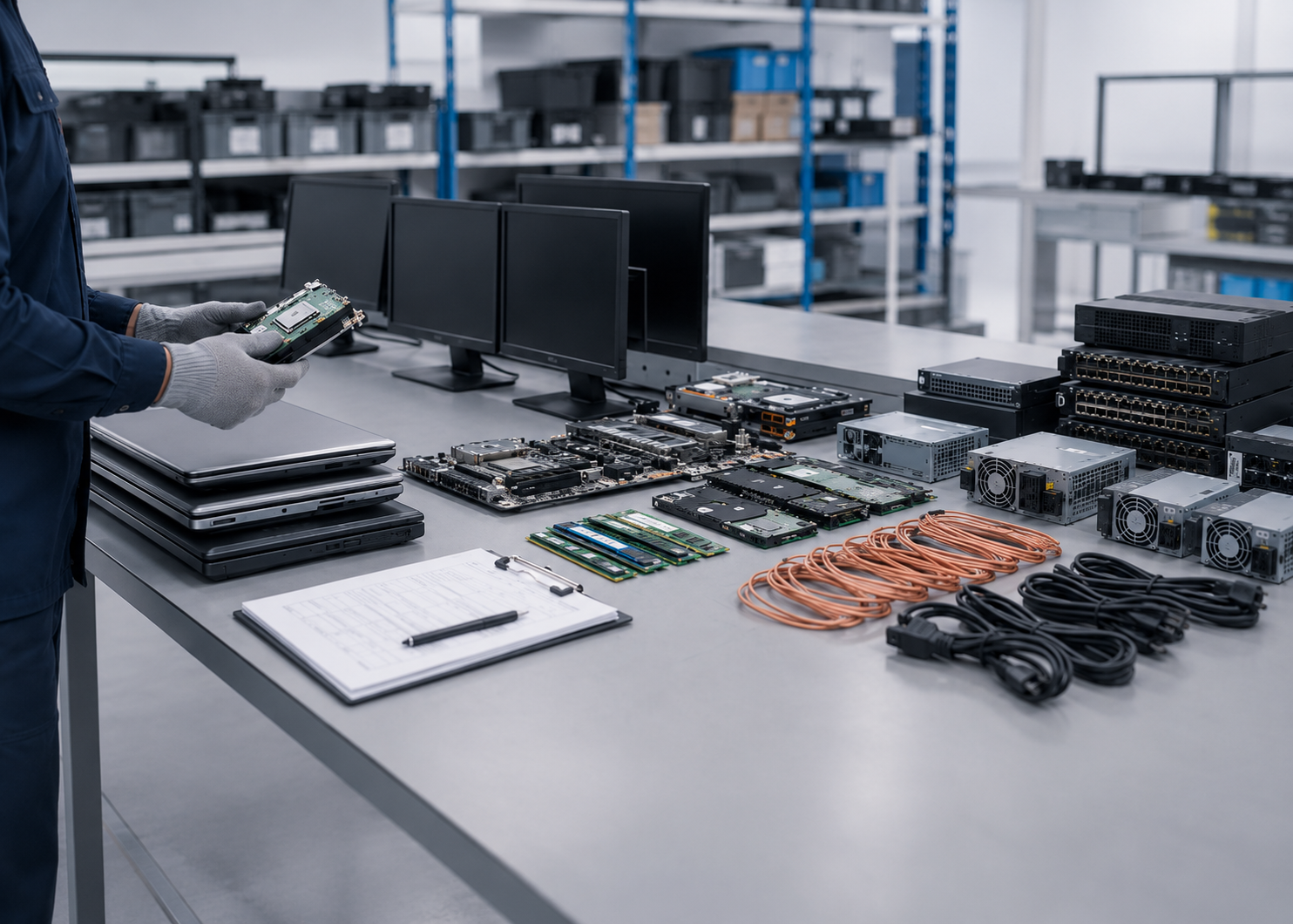 Zona de trabajo con equipos electrónicos empresariales organizados para servicio de recolección y clasificación